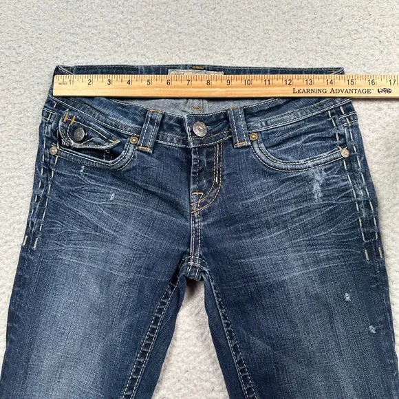 Mek Denim Jeans Womens 27x34 Oldham Bootcut Distressed Flap Pockets Stretch Blue - Picture 6 of 13